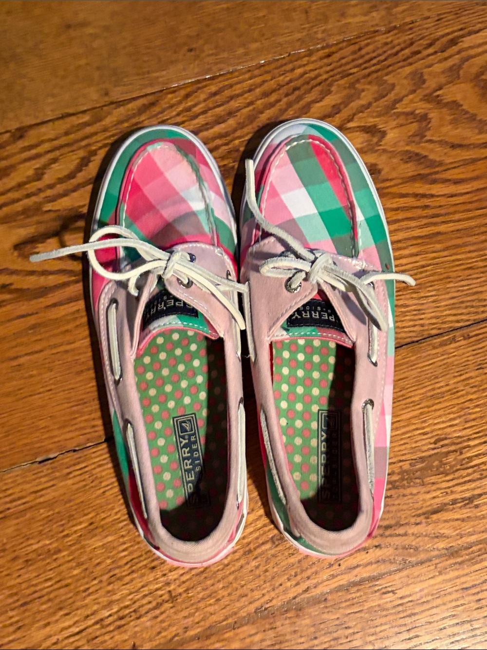 Sperry Pink and Green Plaid Lace-Up Boat Shoes